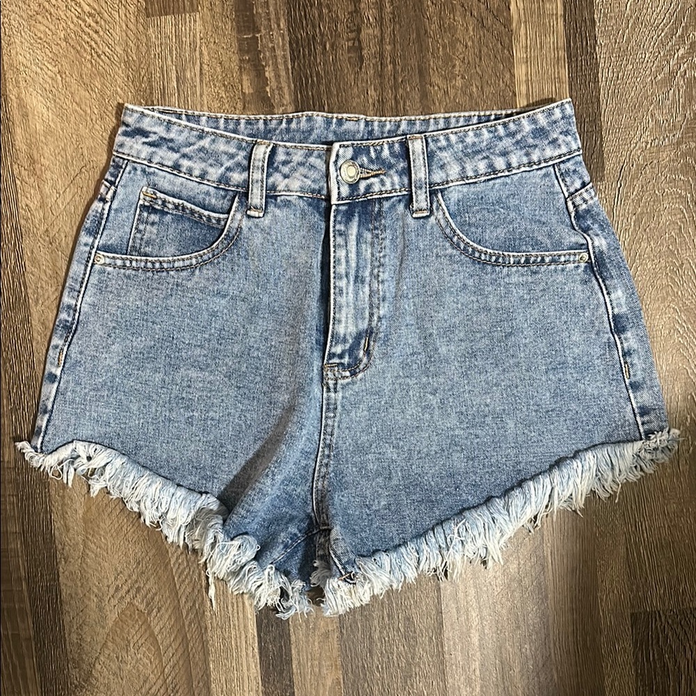 SHEIN Blue Jean Shorts High-Waisted Frayed Hem